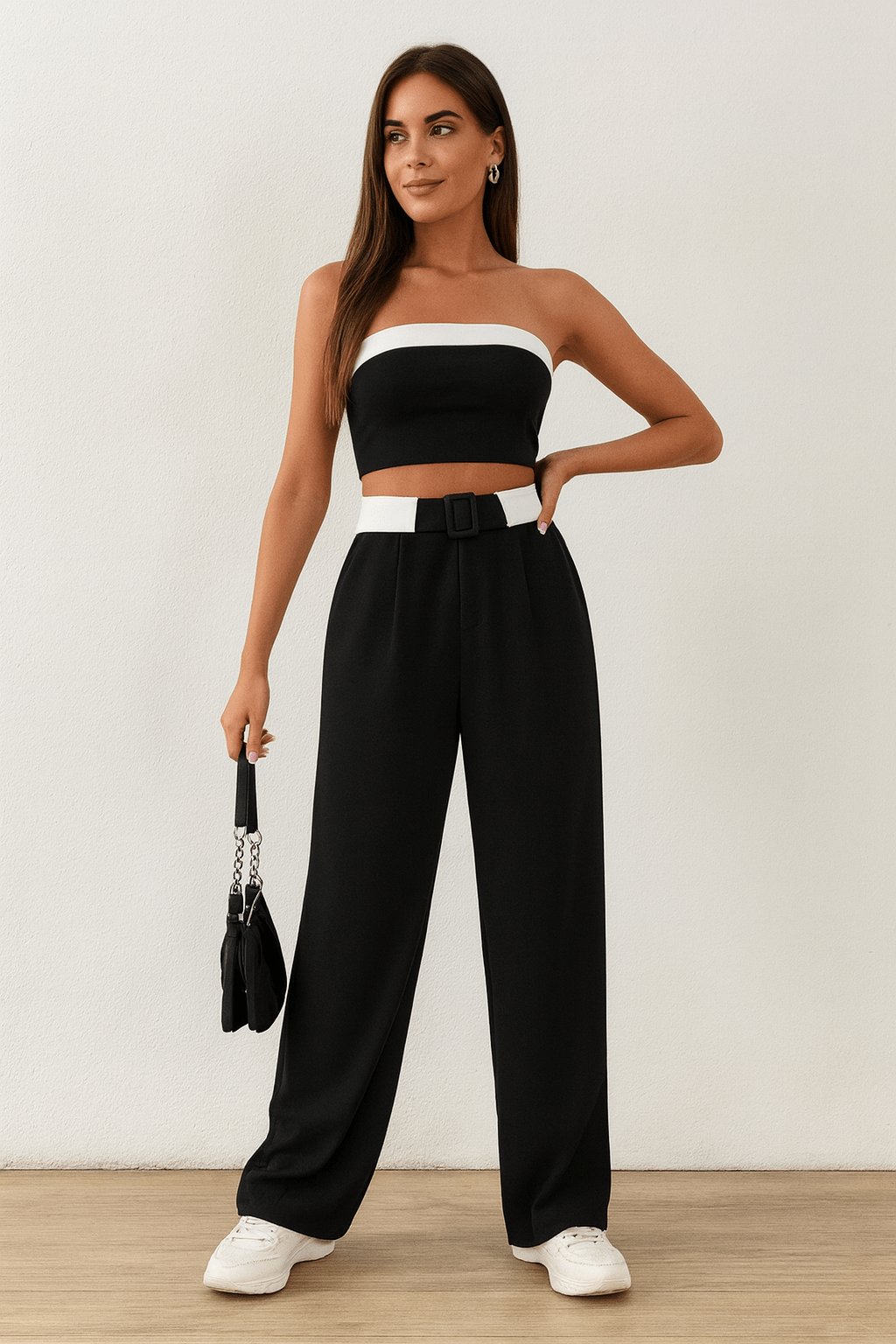 Conjunto Feminino Calça Pantalona e Cropped Helena Preto