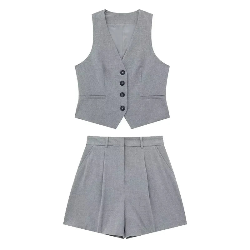 Conjunto Feminino Decote em V Cintura Alta Cinza Gabi