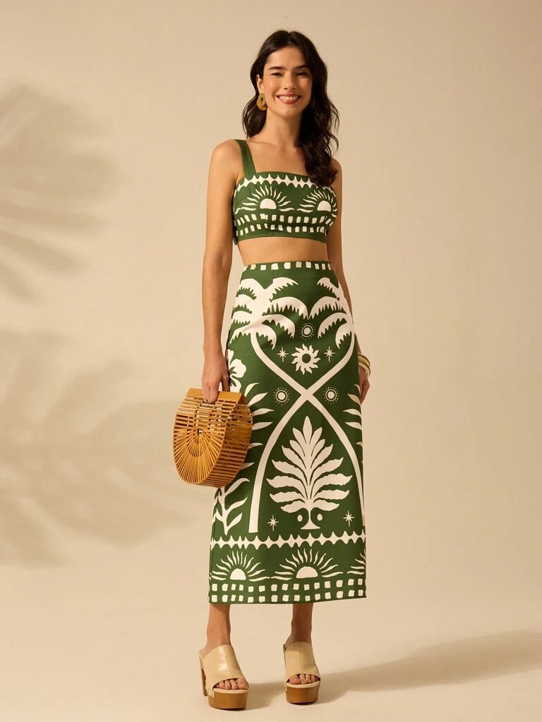 Conjunto Feminino Estampa Tropical Verde Zurique