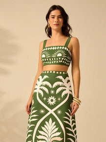 Conjunto Feminino Estampa Tropical Verde Zurique