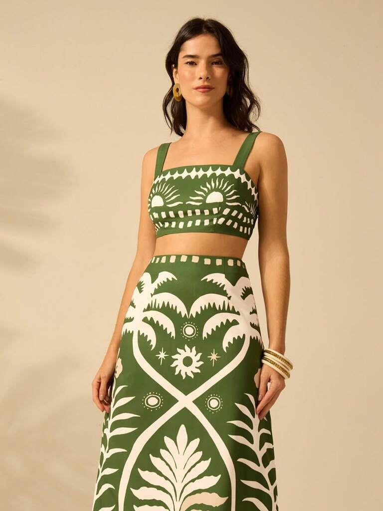 Conjunto Feminino Estampa Tropical Verde Zurique