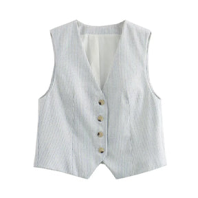 Conjunto Feminino Listrado Branco Decote V Cintura Alta Hag