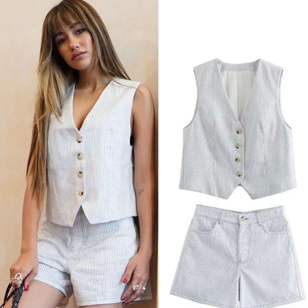 Conjunto Feminino Listrado Branco Decote V Cintura Alta Hag