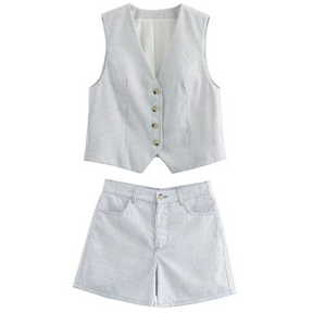 Conjunto Feminino Listrado Branco Decote V Cintura Alta Hag