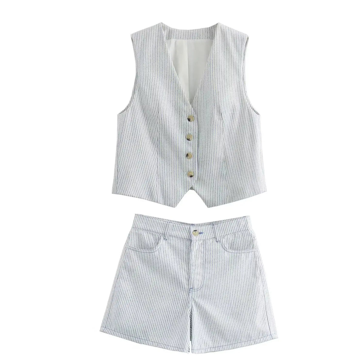 Conjunto Feminino Listrado Branco Decote V Cintura Alta Hag