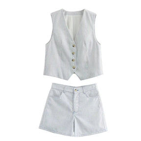 Conjunto Feminino Listrado Branco Decote V Cintura Alta Hag