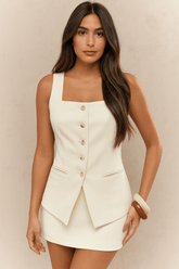 Conjunto Feminino Saia e Colete Alfaiataria Mariane Bege