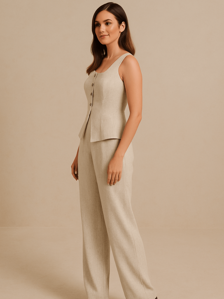 Conjunto Feminino no Linho Calça e Colete Cáqui