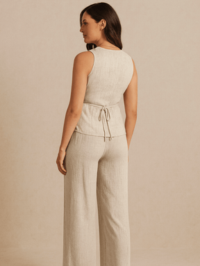 Conjunto Feminino no Linho Calça e Colete Cáqui