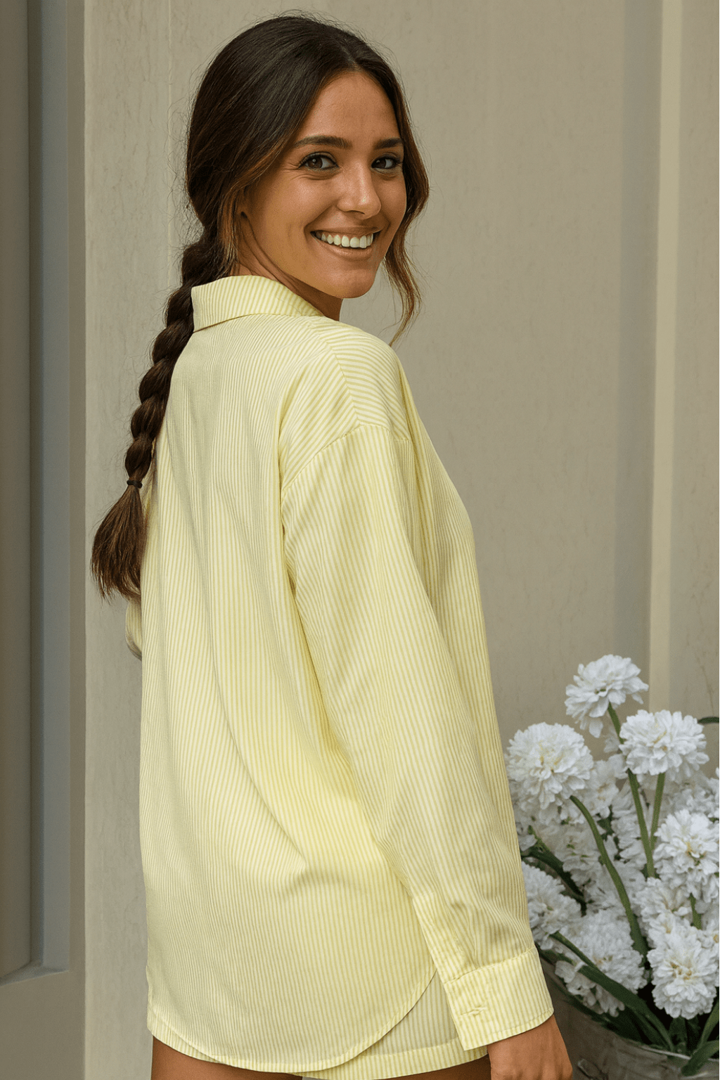 Conjunto Jade Listrado Camisa e Short Amarelo Manteiga
