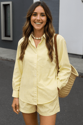 Conjunto Jade Listrado Camisa e Short Amarelo Manteiga