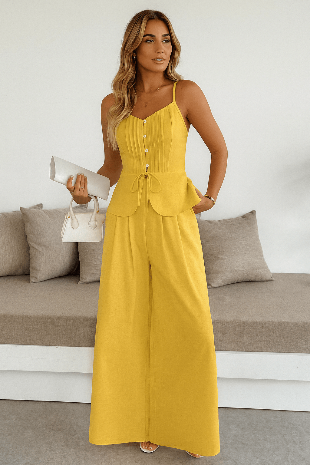 Conjunto Renata Calça pantalona e Blusa Amarelo Manteiga