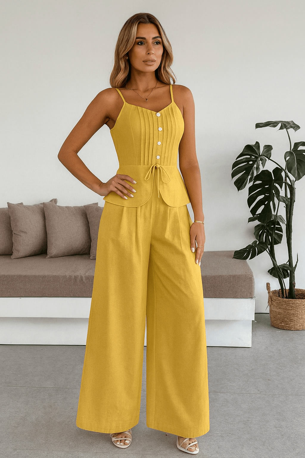 Conjunto Renata Calça pantalona e Blusa Amarelo Manteiga