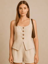 Conjunto Tânia Short e Colete no Linho Cáqui