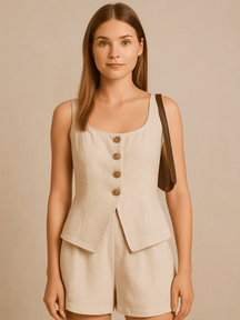 Conjunto Tânia Short e Colete no Linho Cáqui