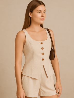 Conjunto Tânia Short e Colete no Linho Cáqui