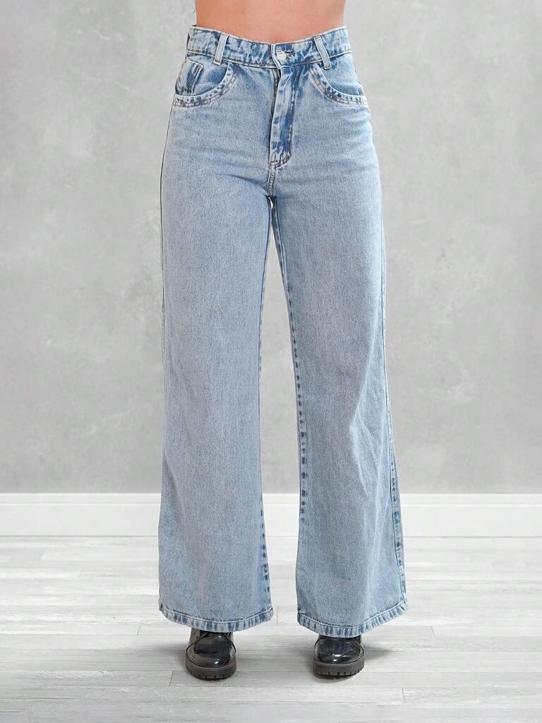 Jeans Calça Feminina Corte Reto Cintura Alta Lavagem Clara