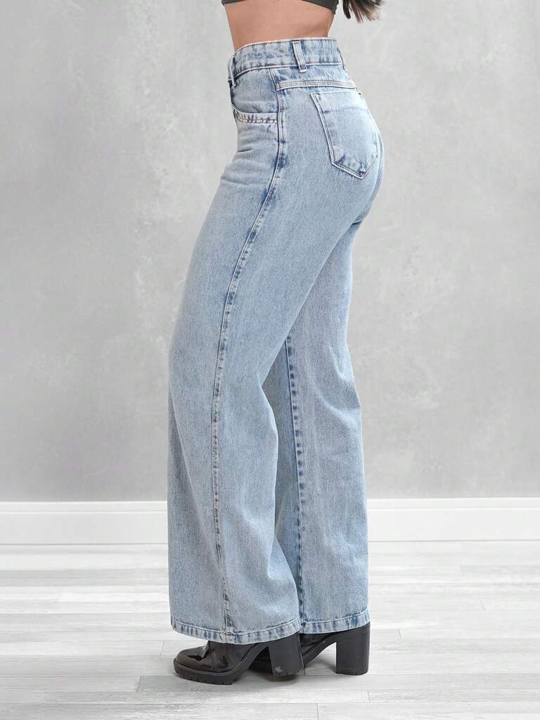 Jeans Calça Feminina Corte Reto Cintura Alta Lavagem Clara