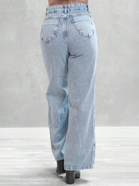 Jeans Calça Feminina Corte Reto Cintura Alta Lavagem Clara