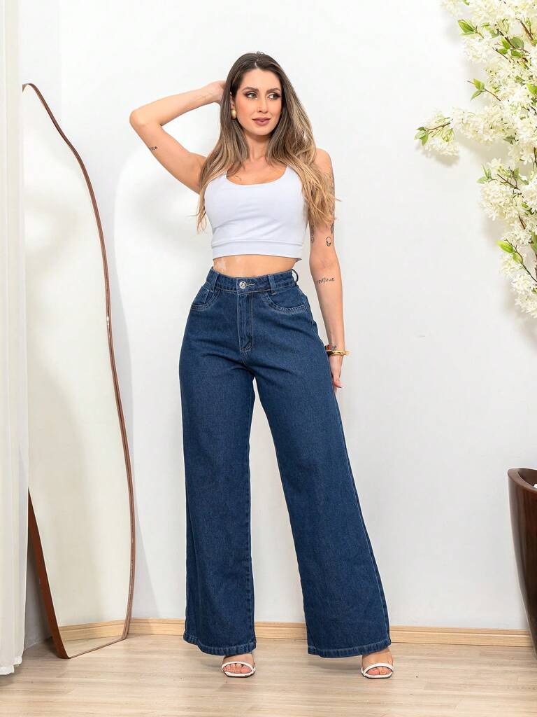 Jeans Calça Feminina Wide Leg Tecido Grosso Lavagem Azul