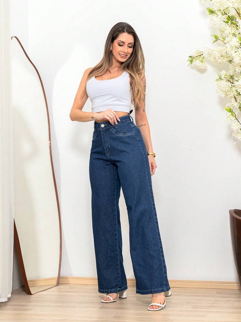 Jeans Calça Feminina Wide Leg Tecido Grosso Lavagem Azul