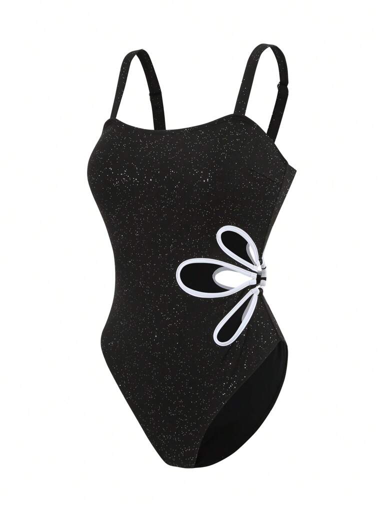 Maiô Virginia Preto com Textura Brilhante Decote Flor