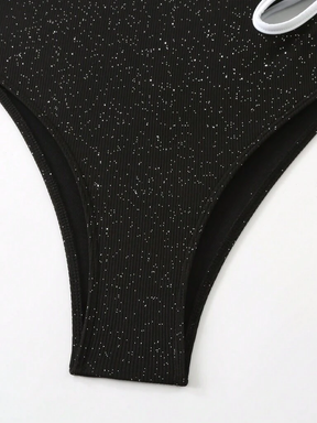 Maiô Virginia Preto com Textura Brilhante Decote Flor