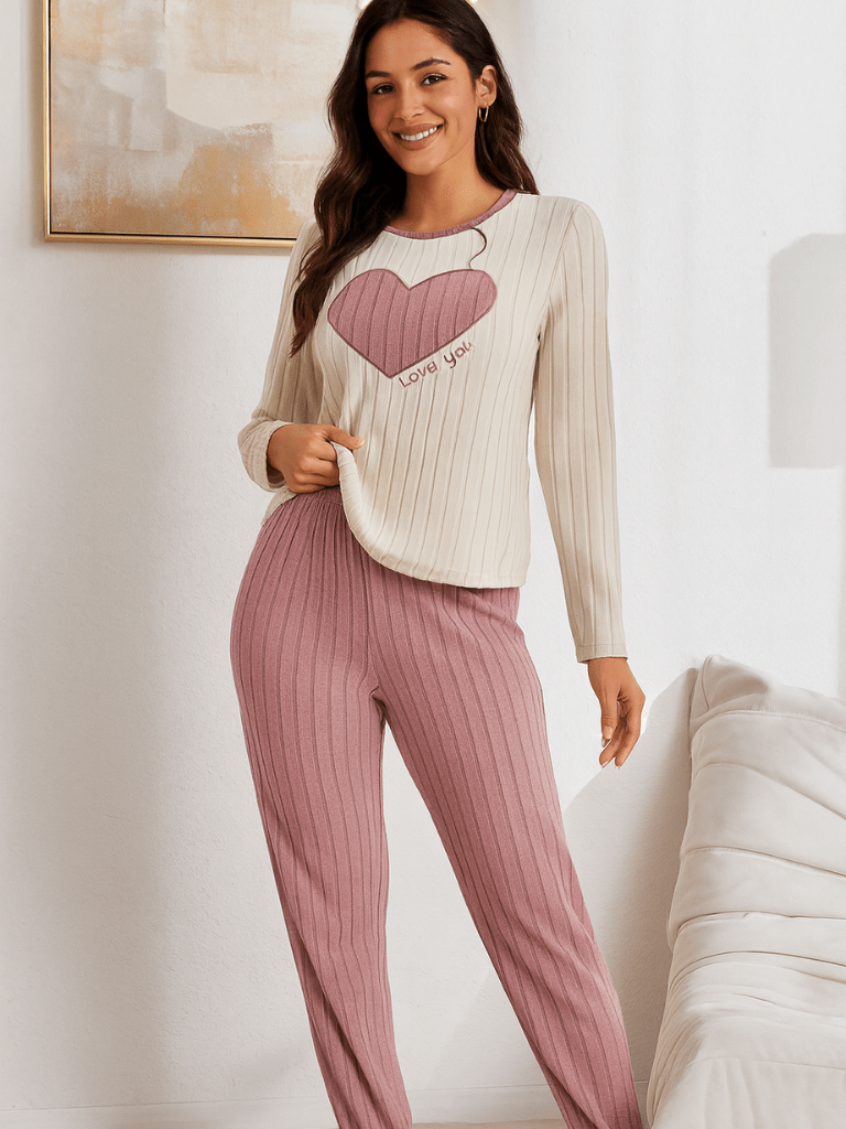 Pijama Feminino Conjunto Manga Comprida Rosa Empoeirado