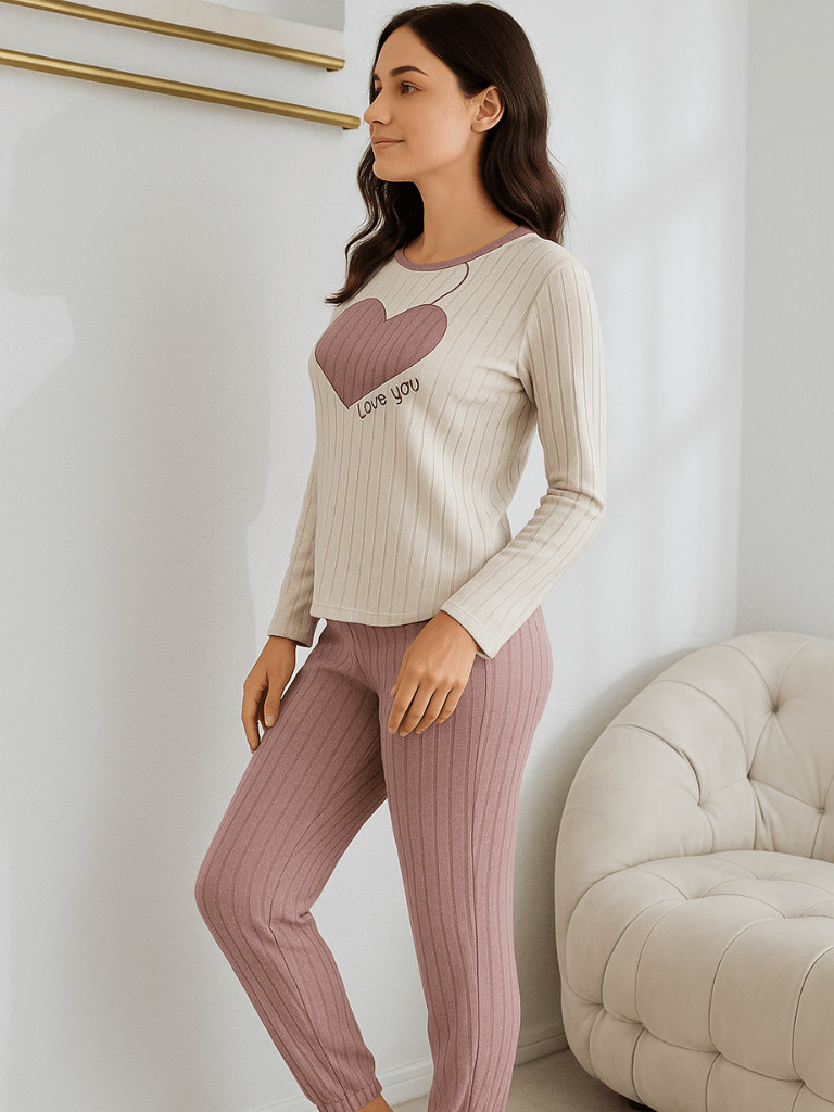 Pijama Feminino Conjunto Manga Comprida Rosa Empoeirado