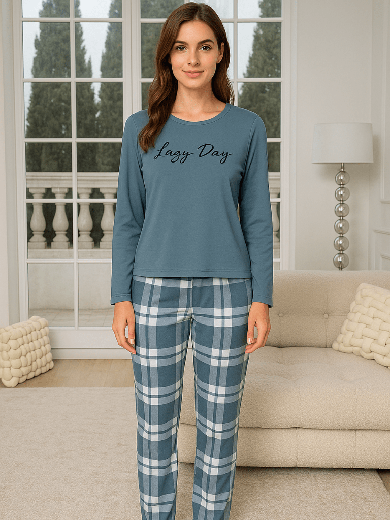 Pijama Feminino Conjunto Manga Comprida Xadrez Azul