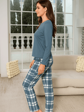 Pijama Feminino Conjunto Manga Comprida Xadrez Azul
