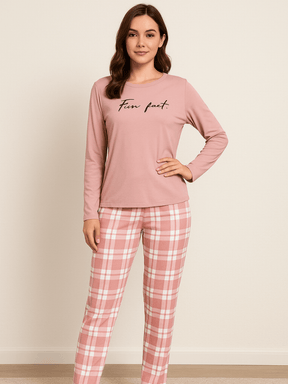 Pijama Feminino Conjunto Manga Comprida Xadrez Rosa