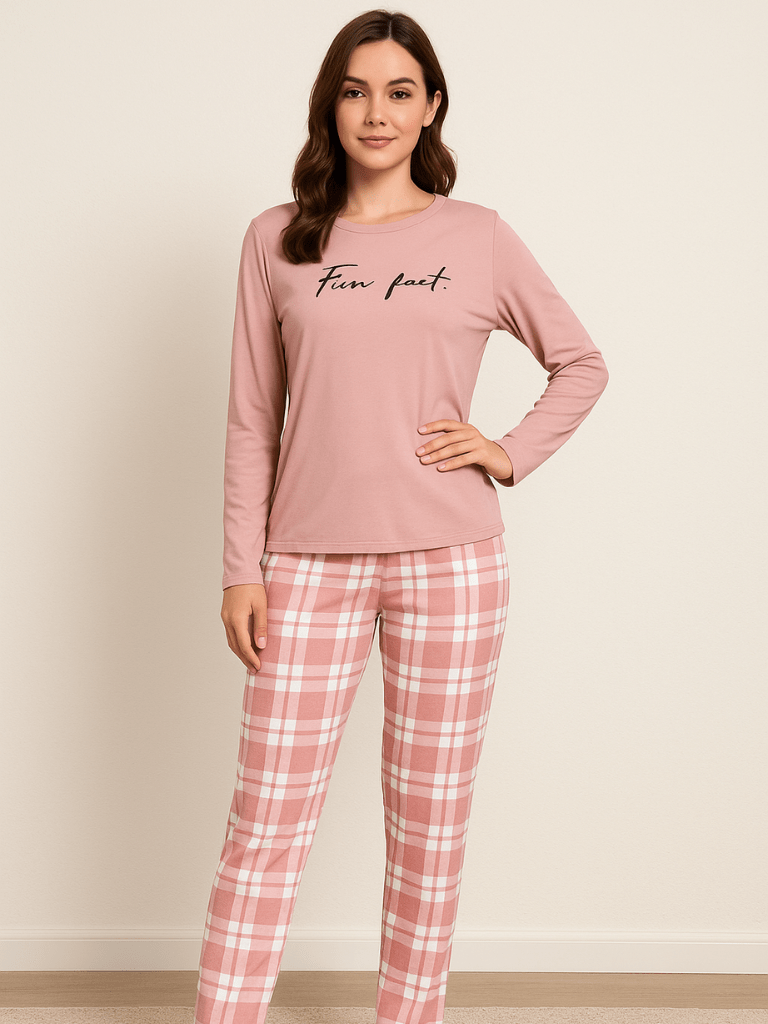 Pijama Feminino Conjunto Manga Comprida Xadrez Rosa
