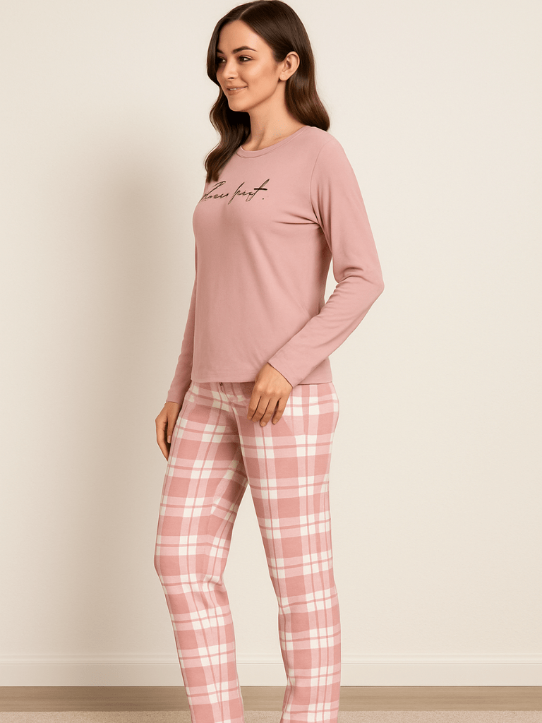 Pijama Feminino Conjunto Manga Comprida Xadrez Rosa