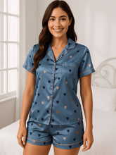 Pijama Feminino Conjunto Manga Curta Cetim Estampa de Coração Azul