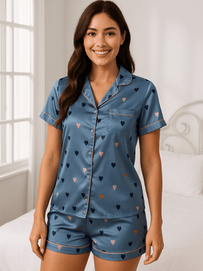 Pijama Feminino Conjunto Manga Curta Cetim Estampa de Coração Azul