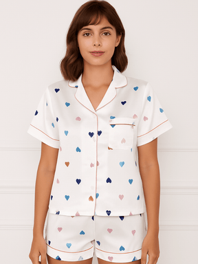 Pijama Feminino Conjunto Manga Curta Cetim Estampa de Coração Branco