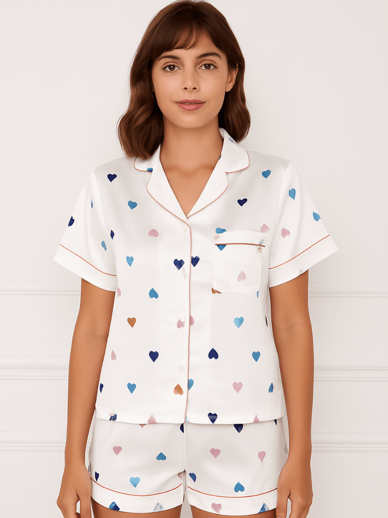 Pijama Feminino Conjunto Manga Curta Cetim Estampa de Coração Branco