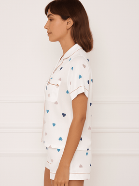 Pijama Feminino Conjunto Manga Curta Cetim Estampa de Coração Branco