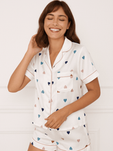 Pijama Feminino Conjunto Manga Curta Cetim Estampa de Coração Branco