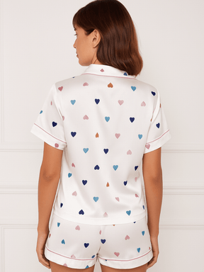 Pijama Feminino Conjunto Manga Curta Cetim Estampa de Coração Branco