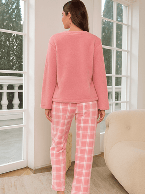 Pijama Feminino Conjunto Manga Longa Estampa Xadrez  Aveludado Rosa