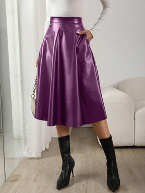 Saia Midi Couro Eco Cintura Alta Roxo
