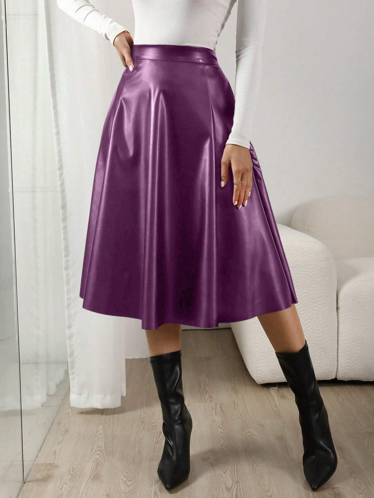 Saia Midi Couro Eco Cintura Alta Roxo