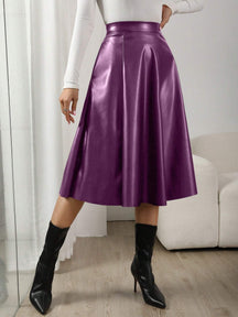 Saia Midi Couro Eco Cintura Alta Roxo
