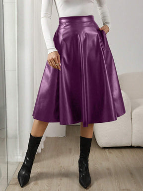 Saia Midi Couro Eco Cintura Alta Roxo