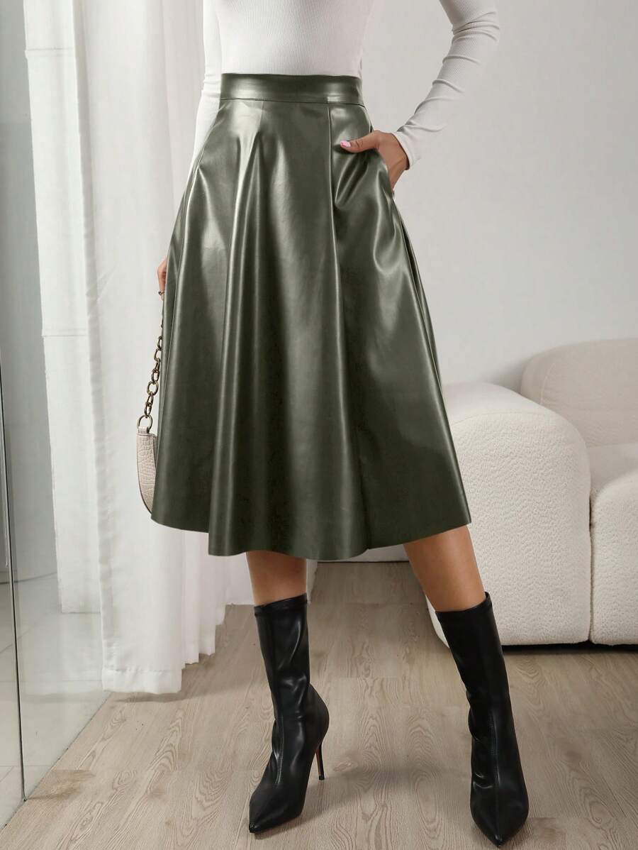 Saia Midi Couro Eco Cintura Alta Verde