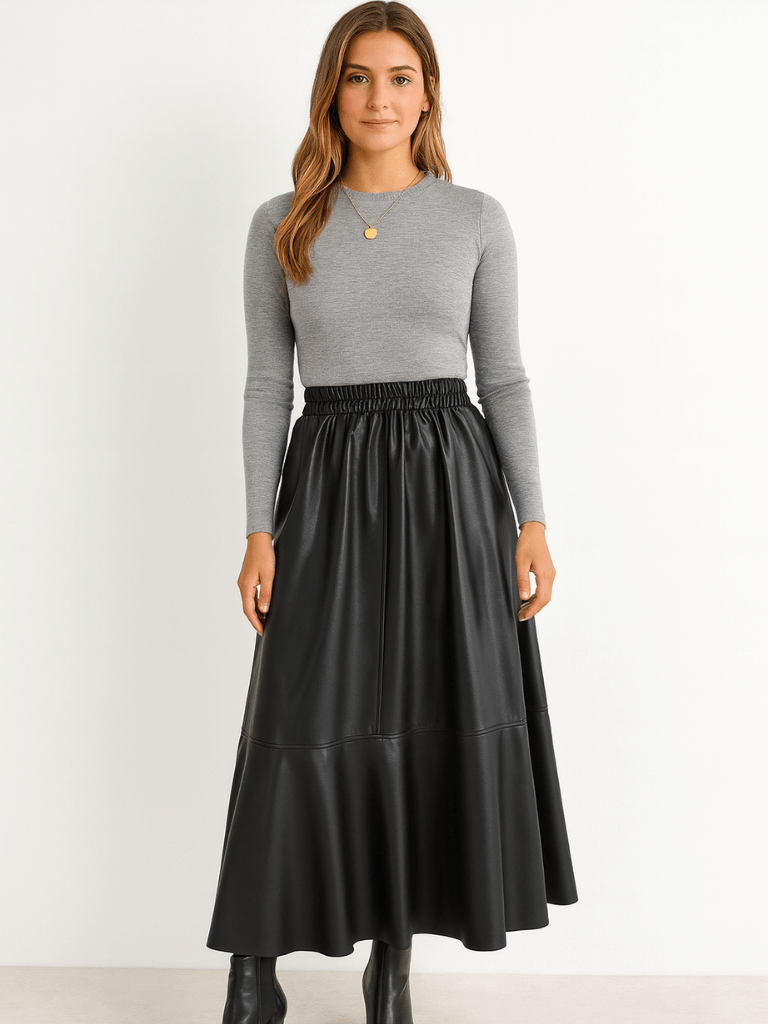 Saia Midi Couro Eco Preto LiuLiu