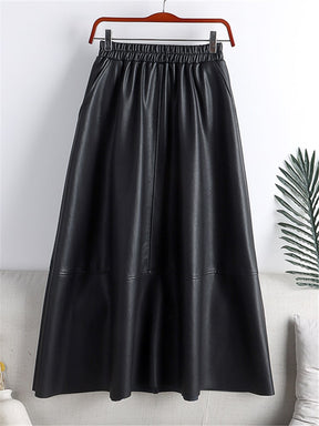 Saia Midi Couro Eco Preto LiuLiu