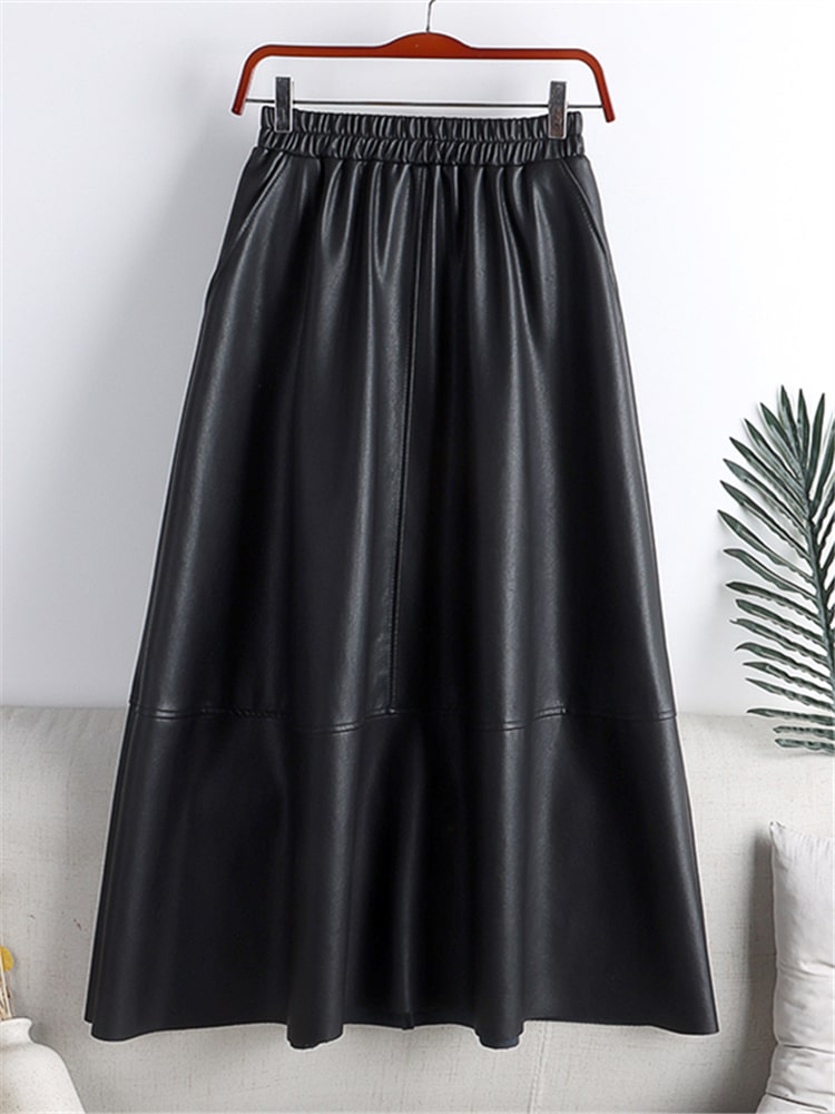 Saia Midi Couro Eco Preto LiuLiu